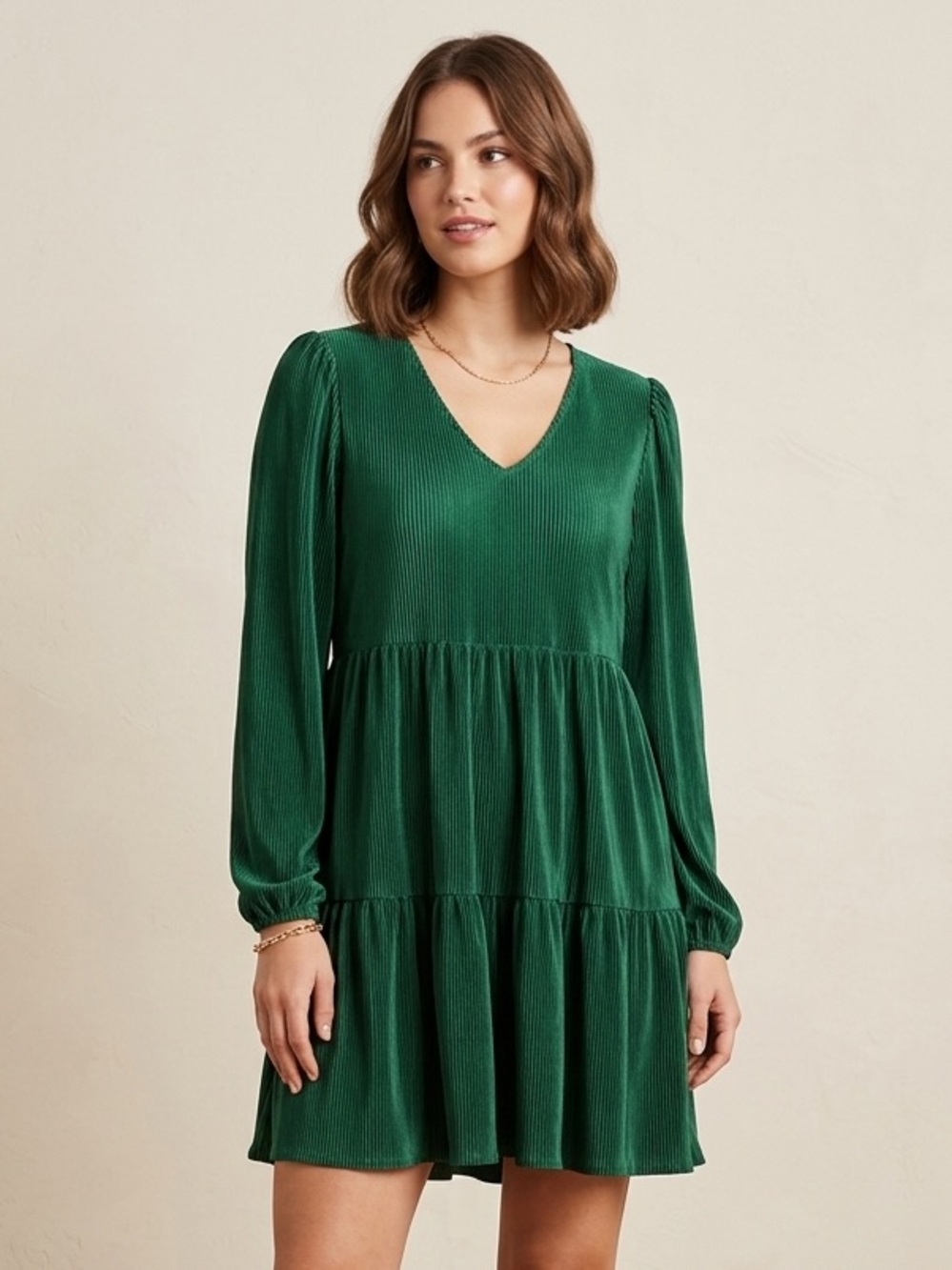 Emerald Green Pleated Tiered Babydoll Dress Size M